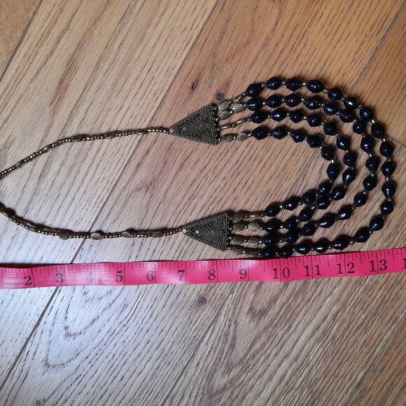 Brass Tone and Black Bib Necklace Rolled Paper Beads Ethnic Boho Tribal - Picture 14 of 14